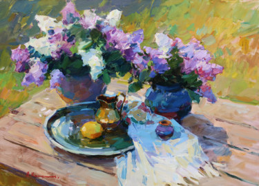 Painting titled "Lilac and Spring Sun" by Aleksander Kryushyn, Original Artwork, Oil