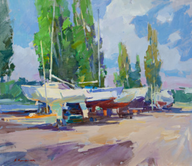 Painting titled "Yacht Club" by Aleksander Kryushyn, Original Artwork, Oil