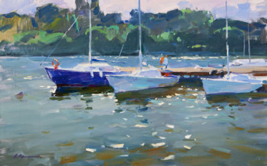 Painting titled "Yachts at the pier" by Aleksander Kryushyn, Original Artwork, Oil Mounted on Wood Stretcher frame