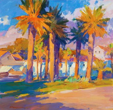 Painting titled "Sunset and The Palm…" by Aleksander Kryushyn, Original Artwork, Oil Mounted on Wood Stretcher frame