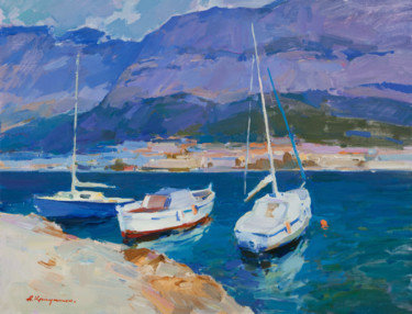 Painting titled "Riviera" by Aleksander Kryushyn, Original Artwork, Oil Mounted on Wood Stretcher frame