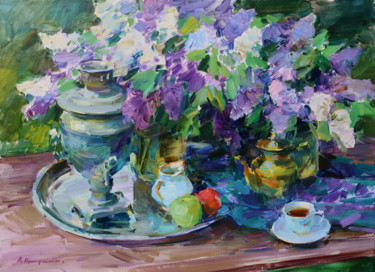 Painting titled "Spring tea" by Aleksander Kryushyn, Original Artwork, Oil Mounted on Wood Stretcher frame