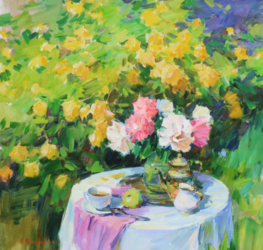Painting titled "Peonies and tea Rose" by Aleksander Kryushyn, Original Artwork, Oil Mounted on Wood Stretcher frame