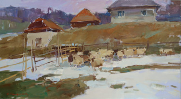 Malerei mit dem Titel "Sheepfold. March" von Aleksander Kryushyn, Original-Kunstwerk, Öl Auf Holzplatte montiert