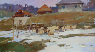 "Sheepfold. March" başlıklı Tablo Aleksander Kryushyn tarafından, Orijinal sanat, Petrol Ahşap panel üzerine monte edilmiş