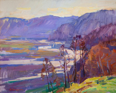 Painting titled "River Valley. Eveni…" by Aleksander Kryushyn, Original Artwork, Oil Mounted on Wood Stretcher frame