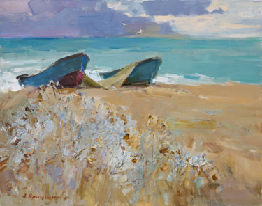 Painting titled "Boats on the coast" by Aleksander Kryushyn, Original Artwork, Oil