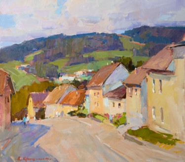 Painting titled "Small Town. Austria" by Aleksander Kryushyn, Original Artwork, Oil Mounted on Wood Stretcher frame