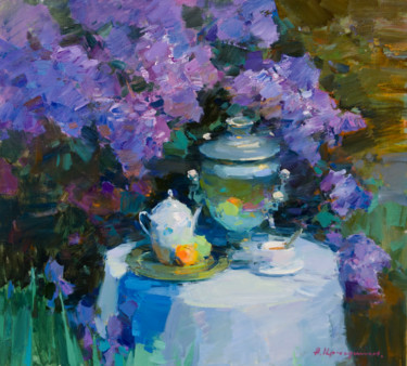 Картина под названием "Tea in the Spring G…" - Aleksander Kryushyn, Подлинное произведение искусства, Масло