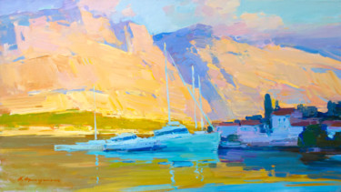 Pintura intitulada "Evening in the bay.…" por Aleksander Kryushyn, Obras de arte originais, Óleo Montado em Armação em madei…