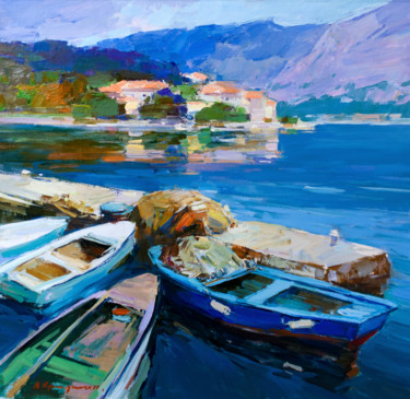 Painting titled "Fishing boats. Bay…" by Aleksander Kryushyn, Original Artwork, Oil Mounted on Wood Stretcher frame
