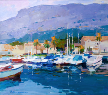 Painting titled "Boat pier. Croatia" by Aleksander Kryushyn, Original Artwork, Oil Mounted on Wood Stretcher frame