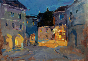 Schilderij getiteld "Night street. Aigen" door Aleksander Kryushyn, Origineel Kunstwerk, Olie