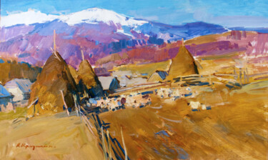 Painting titled "March in the mounta…" by Aleksander Kryushyn, Original Artwork, Oil Mounted on Wood Stretcher frame