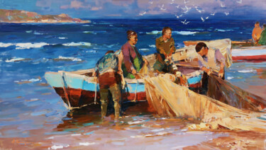 Painting titled "Morning on the shore" by Aleksander Kryushyn, Original Artwork, Oil Mounted on Wood Stretcher frame