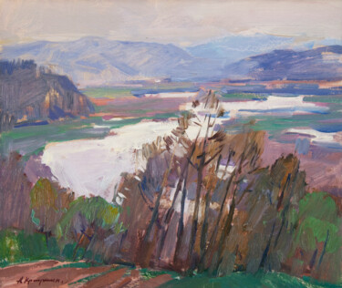 Malerei mit dem Titel "River valley in Apr…" von Aleksander Kryushyn, Original-Kunstwerk, Öl