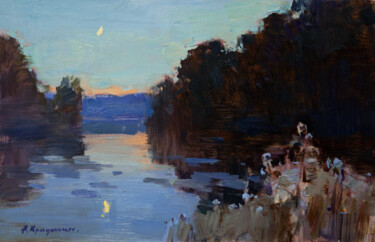 Pittura intitolato "Moonlit River" da Aleksander Kryushyn, Opera d'arte originale, Olio