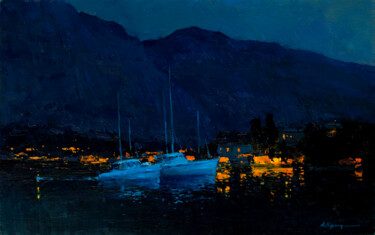 Painting titled "Night in the Bay of…" by Aleksander Kryushyn, Original Artwork, Oil Mounted on Wood Stretcher frame