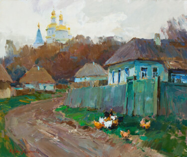 Картина под названием "Village Street. Old…" - Aleksander Kryushyn, Подлинное произведение искусства, Масло Установлен на Де…