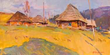 Картина под названием "Evening in a Village" - Aleksander Kryushyn, Подлинное произведение искусства, Масло