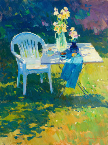 Painting titled "Spring in the Garden" by Aleksander Kryushyn, Original Artwork, Oil Mounted on Wood Stretcher frame