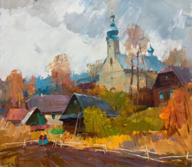 Painting titled "Rainy Sunday" by Aleksander Kryushyn, Original Artwork, Oil Mounted on Wood Stretcher frame