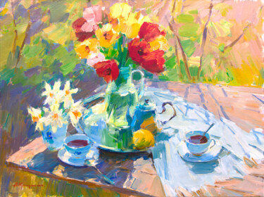 Painting titled "Tulips in the sprin…" by Aleksander Kryushyn, Original Artwork, Oil Mounted on Wood Stretcher frame