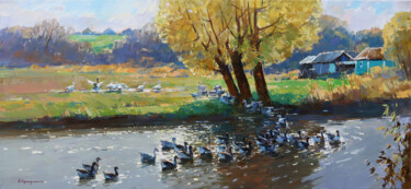 Painting titled "Sunny Pond" by Aleksander Kryushyn, Original Artwork, Oil Mounted on Wood Stretcher frame