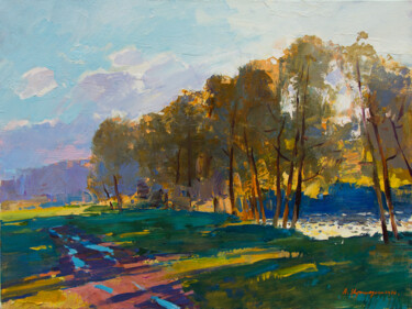 Painting titled "Evening by the river" by Aleksander Kryushyn, Original Artwork, Oil Mounted on Wood Stretcher frame