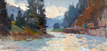 Peinture intitulée "River in the Carpat…" par Aleksander Kryushyn, Œuvre d'art originale, Huile