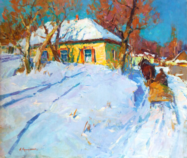 Painting titled "Winter sun" by Aleksander Kryushyn, Original Artwork, Oil Mounted on Wood Stretcher frame
