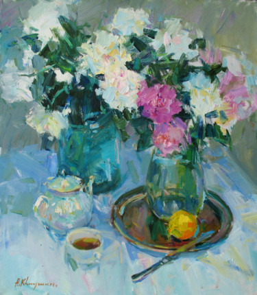 Painting titled "Peonies" by Aleksander Kryushyn, Original Artwork, Oil