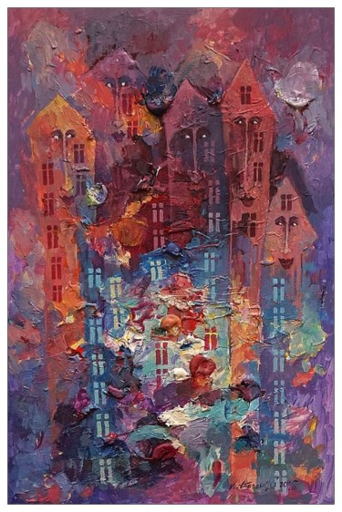 Peinture intitulée "Miasto Lozowsko nocą" par Krzysztof Lozowski, Œuvre d'art originale
