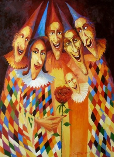 Painting titled "Czarodzieje i róża" by Krzysztof Lozowski, Original Artwork
