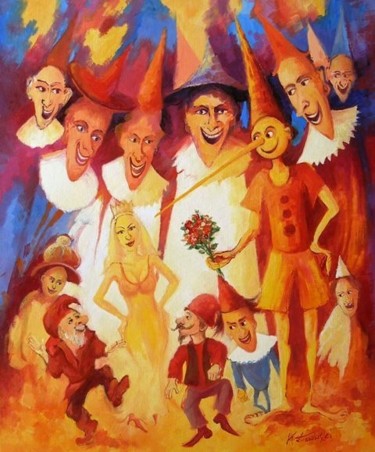 Painting titled "Krasnale i Pinokio" by Krzysztof Lozowski, Original Artwork