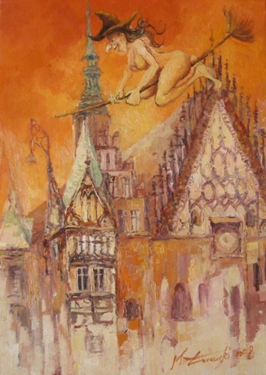 Painting titled "Wrocław i czarownica" by Krzysztof Lozowski, Original Artwork