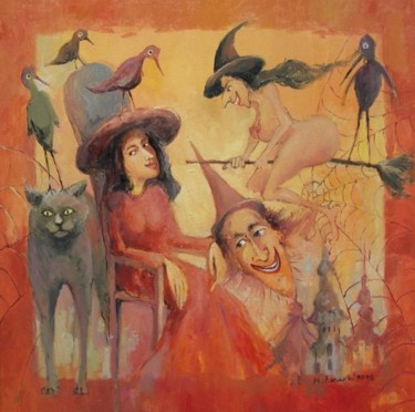 Peinture intitulée "Baba Jaga z kotem" par Krzysztof Lozowski, Œuvre d'art originale