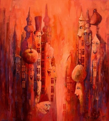 Malarstwo zatytułowany „Pomarańczowe Miasto” autorstwa Krzysztof Lozowski, Oryginalna praca, Akryl