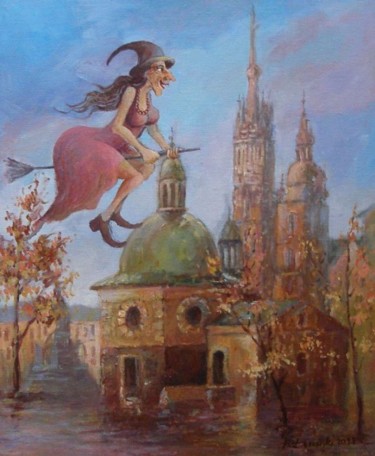 Painting titled "Krakow z Babą Jagą" by Krzysztof Lozowski, Original Artwork