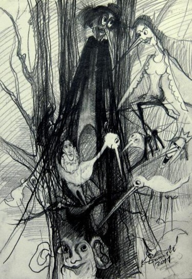 Dessin intitulée "Ptaki pokraki / Bir…" par Krzysztof Lozowski, Œuvre d'art originale