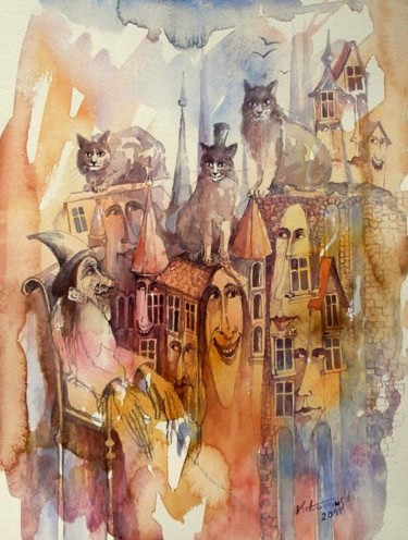 Painting titled "Tajemnica w miescie…" by Krzysztof Lozowski, Original Artwork