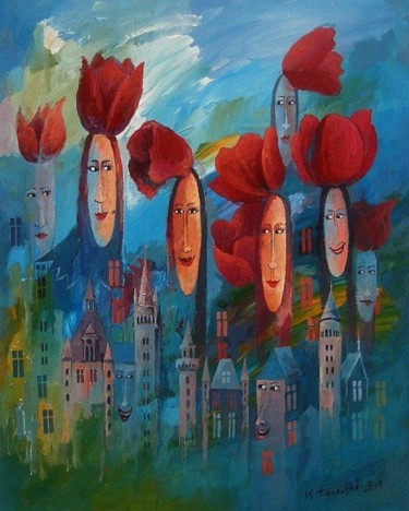 Pintura intitulada "Damy-tulipany" por Krzysztof Lozowski, Obras de arte originais