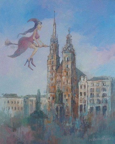 Painting titled "Kraków z czarownicą" by Krzysztof Lozowski, Original Artwork