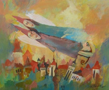 Painting titled "Anioły nad Miastem…" by Krzysztof Lozowski, Original Artwork