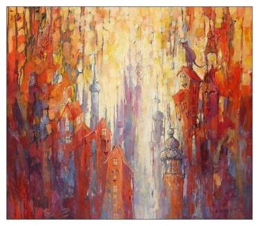 Painting titled "Miasto kiciora / Ca…" by Krzysztof Lozowski, Original Artwork, Acrylic