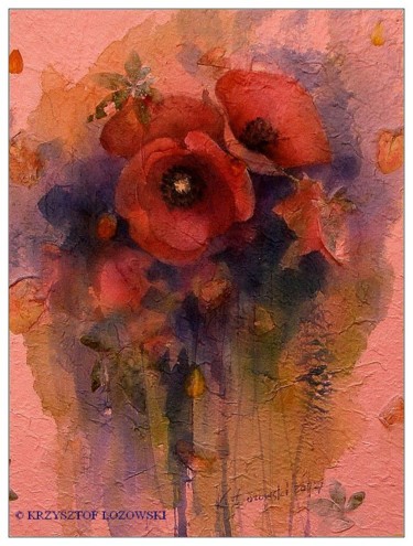 Painting titled "Poppies I" by Krzysztof Lozowski, Original Artwork, Watercolor