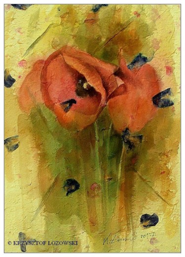 Painting titled "Poppies II" by Krzysztof Lozowski, Original Artwork, Watercolor