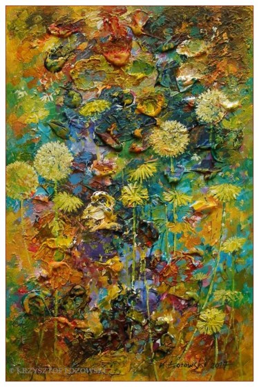 Painting titled "Meadow, dandelions" by Krzysztof Lozowski, Original Artwork, Acrylic