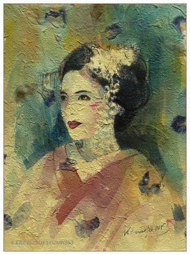 Painting titled "Gejsza / Geisha" by Krzysztof Lozowski, Original Artwork, Watercolor