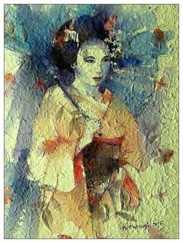 Painting titled "Gejsza / Geisha" by Krzysztof Lozowski, Original Artwork, Watercolor